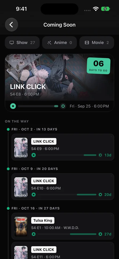 Upcoming episodes with a countdown to each one