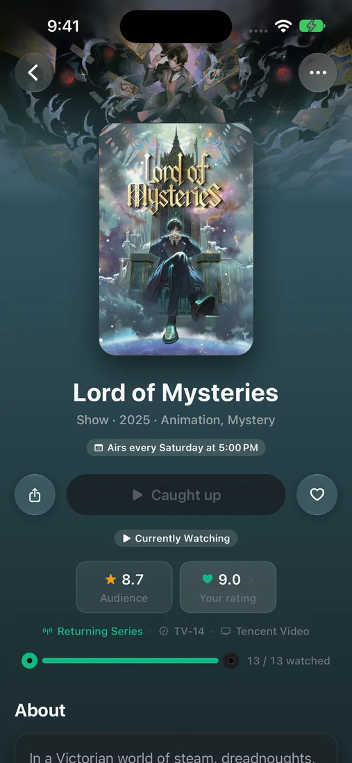 A show detail screen with artwork, seasons and episodes