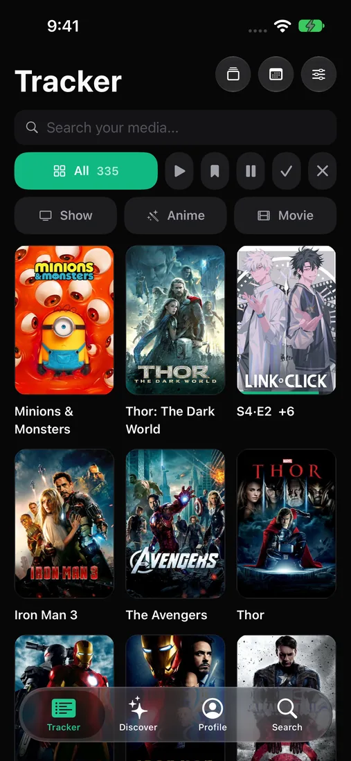 The library as a poster grid, filtered to every title
